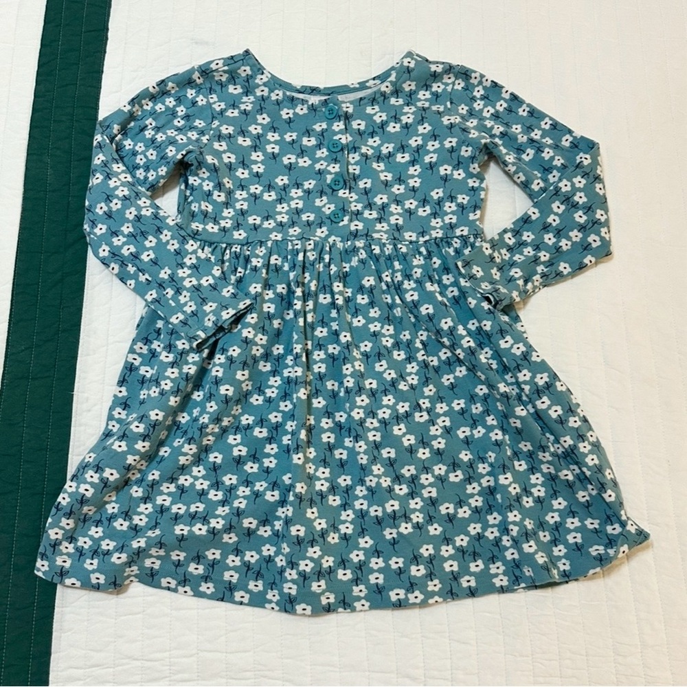 Hanna Andersson Ditsy Floral Print Dress Henley Neckline Blue Girls Size 110/5